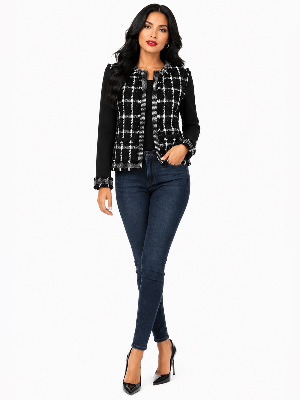 Tory Burch Marisol Black and Cream Tweed Jacket EUC